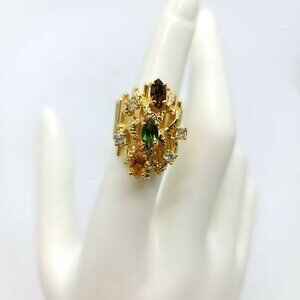 Multi-Color Glass Rhinestone 18KT HGE Gold Electroplate NOS Vintage Ring Size 6